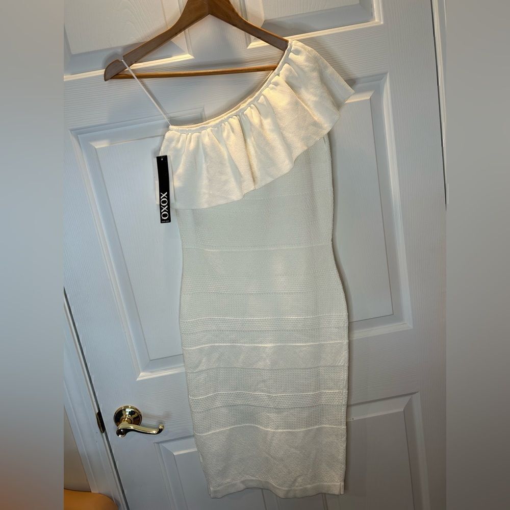 XOXO One Shoulder Ruffle Dress Off-White Women's Medium